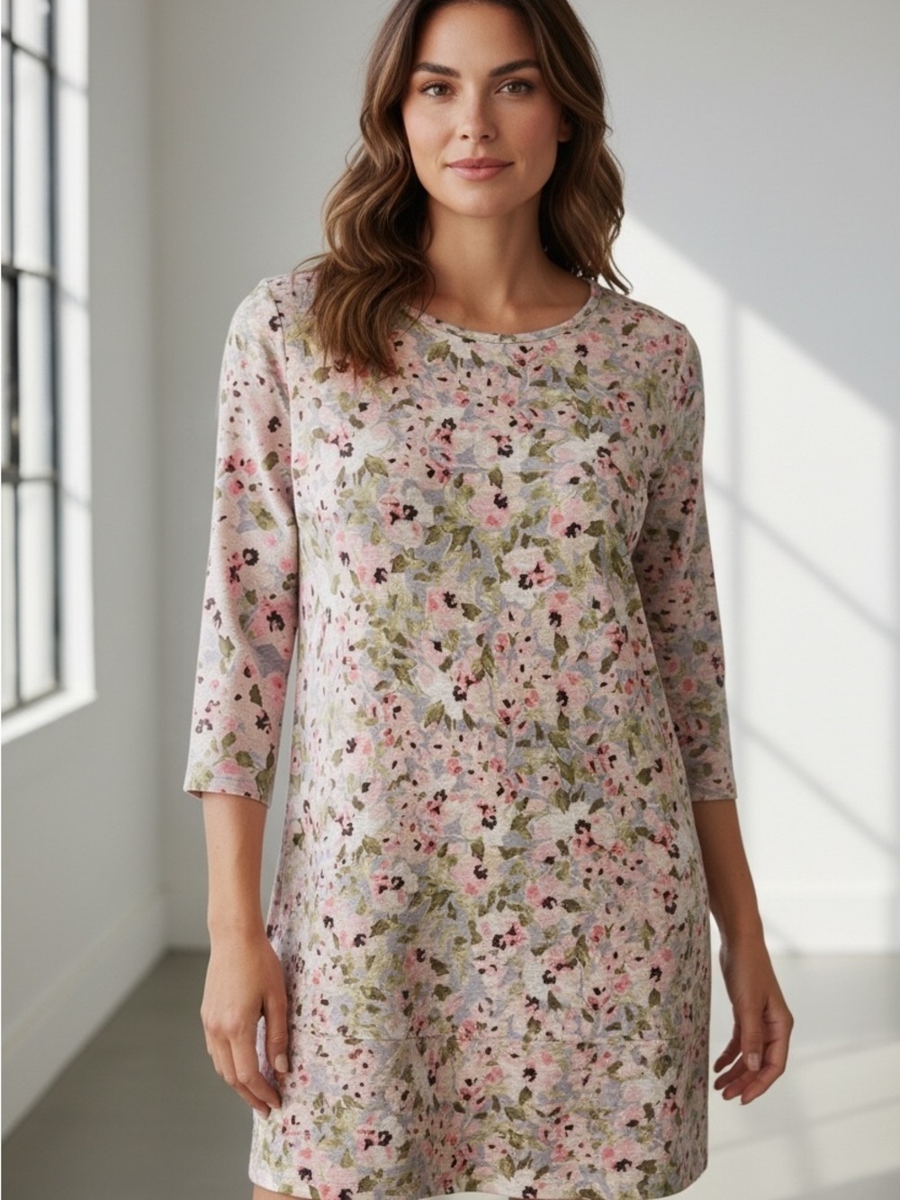 J. Jill Love Linen Soft Pink Olive Green Floral 3/4 Sleeve Knit Linen Tunic XL